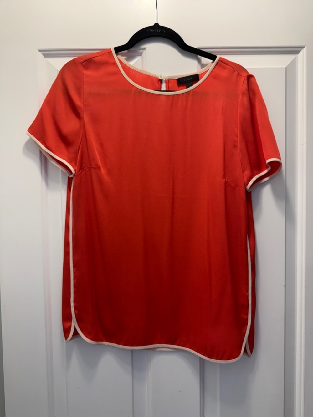 J Crew Silk Coral Short Sleeve Blouse with Cream Trim